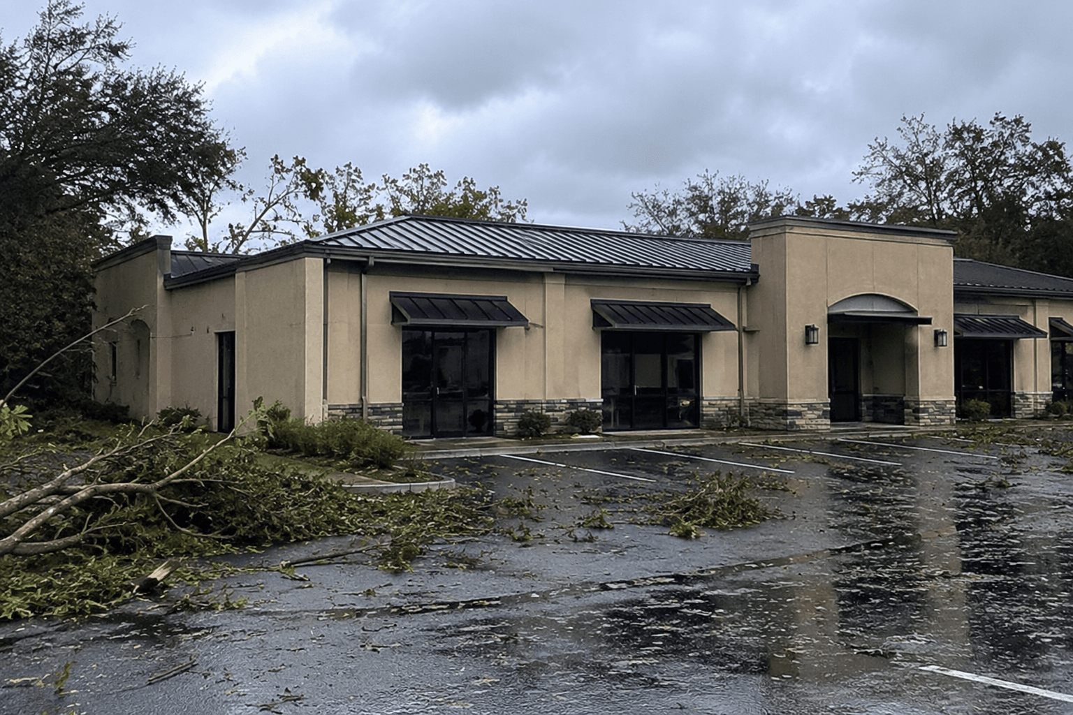 Commercial property exterior with visible storm damage.